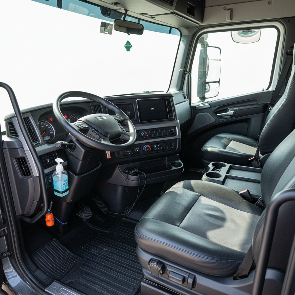 a freshly cleaned and sanitized truck cab interior, spotless and organized