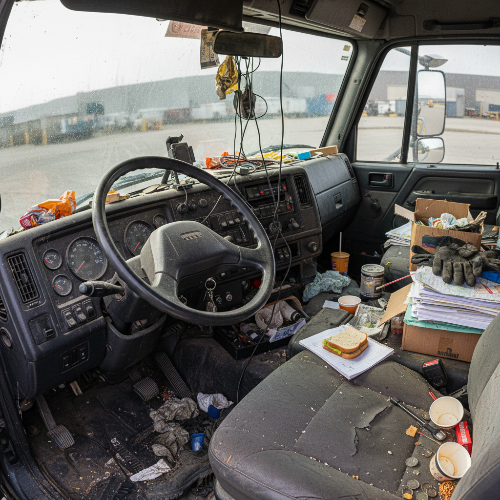 dirty and cluttered truck cab interior with the steering wheel clearly visible on the left side