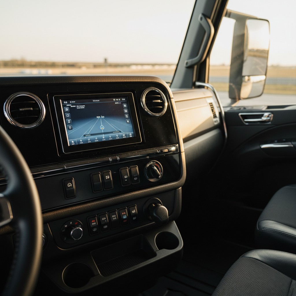 The image shows the interior of a car with a navigation system on the dashboard.