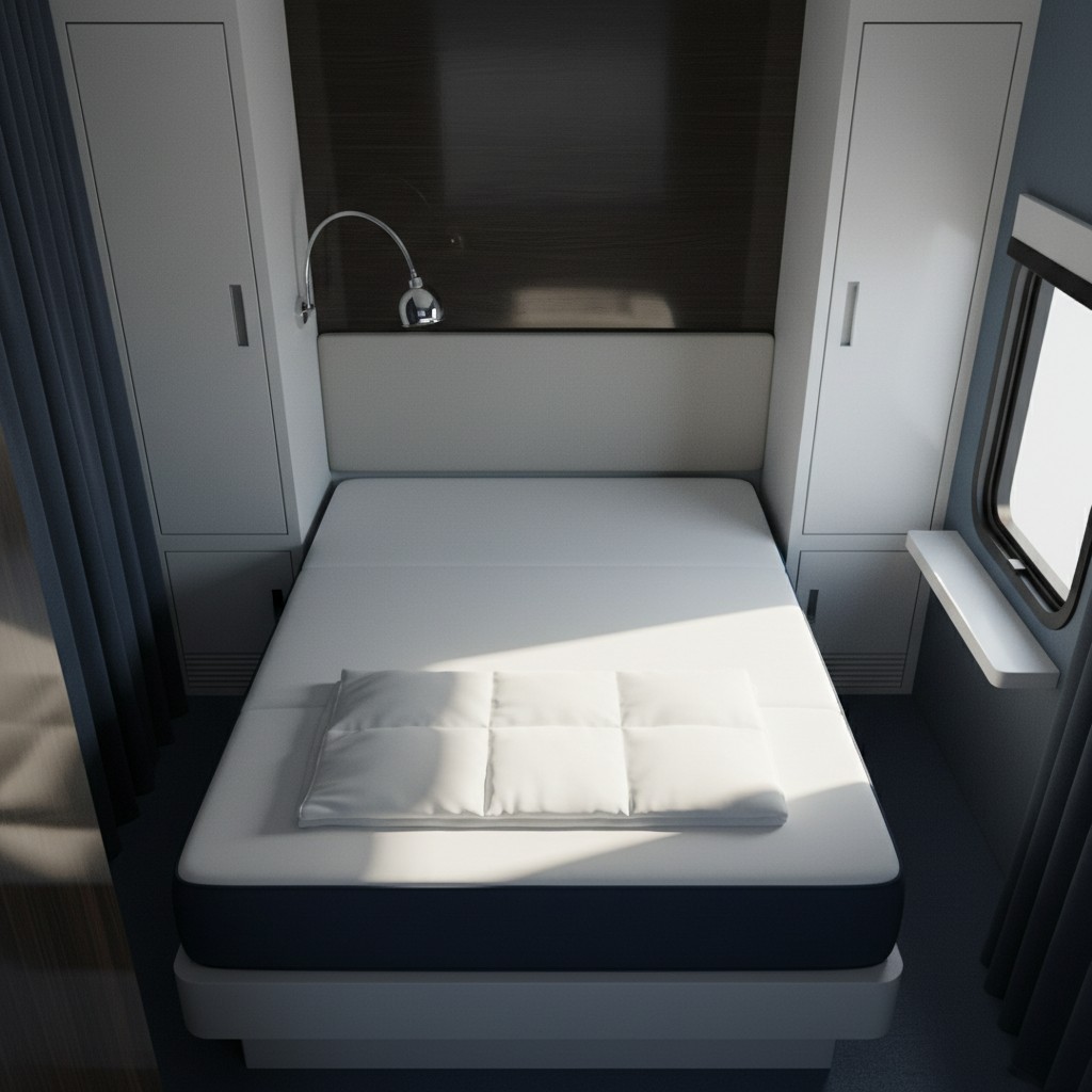 An overhead view of a white bed with a pillow, situated inside a room with a window and a lamp. ~ I couldn't locate the au...