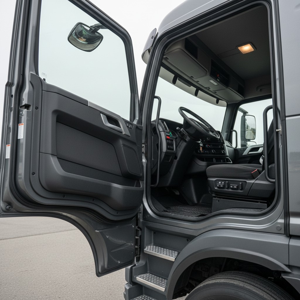 The interior of a semi-truck, with the driver's cab visible through the open door.